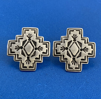 Raymond Corib 925 Sterling Silver Kewa Storyteller Concho Stud Earrings