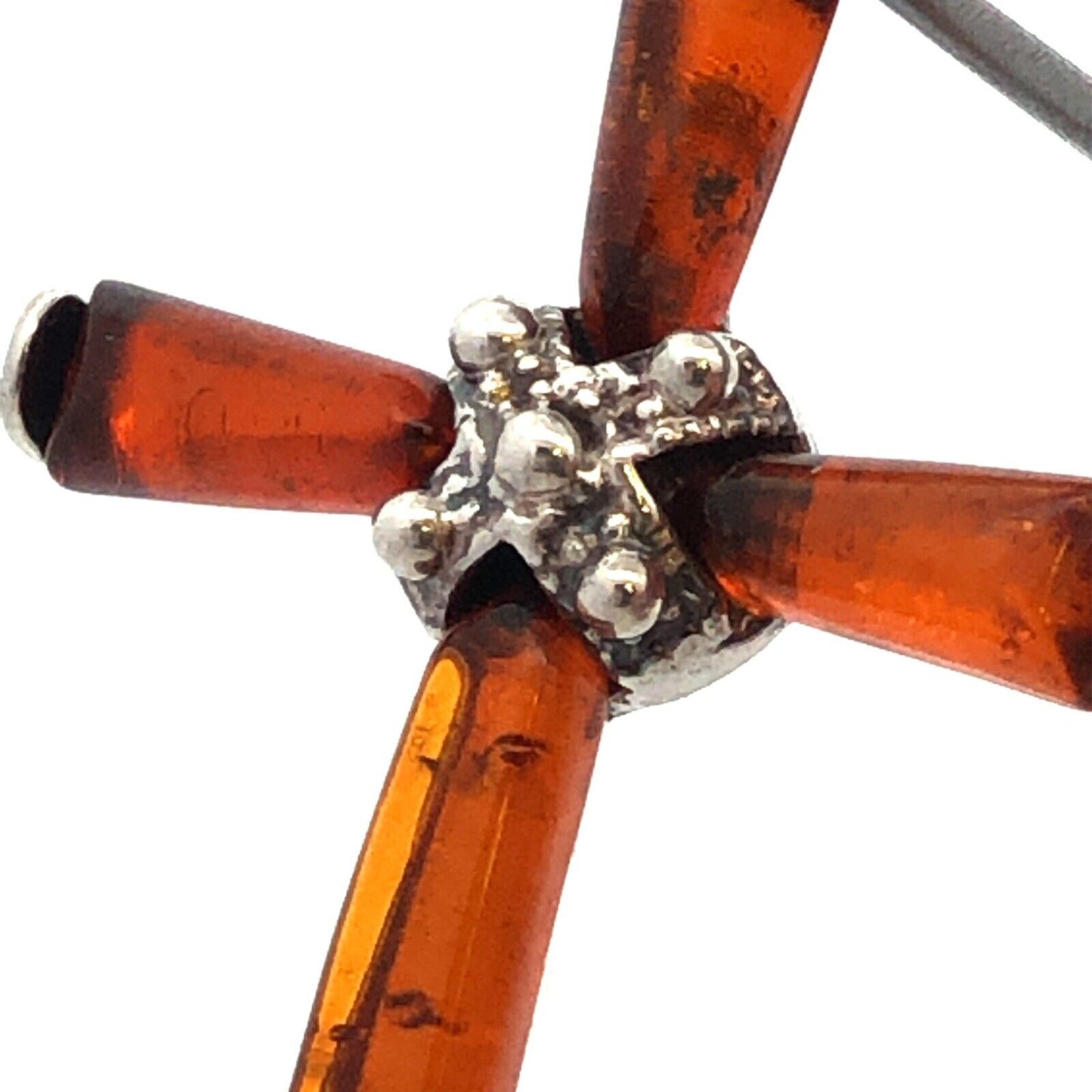 Vintage 925 Sterling Silver Orange Amber Cross Pendant