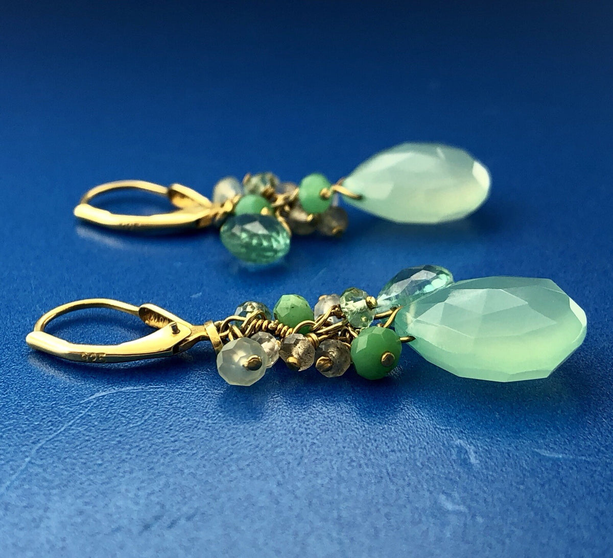 India Sterling Silver Vermeil Green Blue Opalescent Beads Drop Dangle Earrings