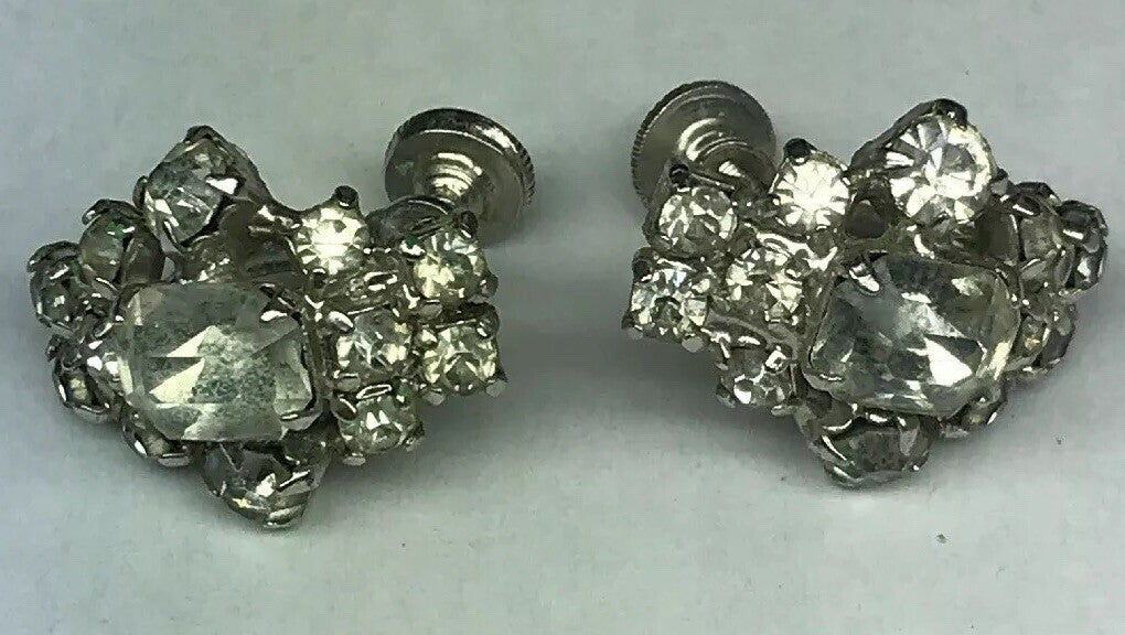 Vintage Art Deco Crystal Rhinestone Half Hoop Screw Back Clip Earrings