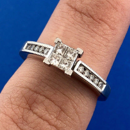 14k White Gold Ring Invisible Set Princess Diamonds Round Diamond Accents