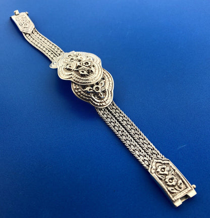 Great Designer Sterling Silver 925 Floral Scroll Wheat Mesh Concho Dome Bracelet