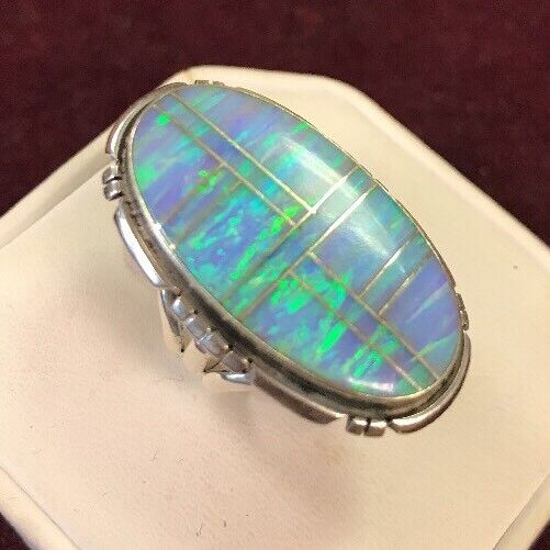 Navajo James Shay JS Sterling Silver 925 Oval Fire Opal Inlay Statement Ring