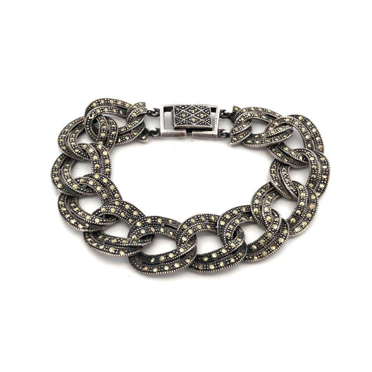 Vintage 925 Sterling Silver Marcasite Double Oval Link Bracelet