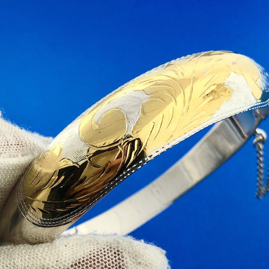 Designer CI Sterling Silver 925 Gold Two Tone Floral Scroll Hinged Cuff Bracelet