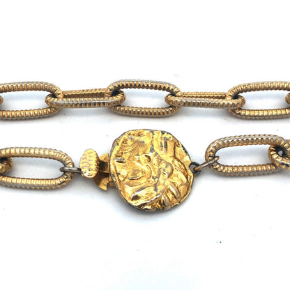 Vintage Gold Tone Paper Clip Chain Faux Ancient Coin Clasp Statement Necklace