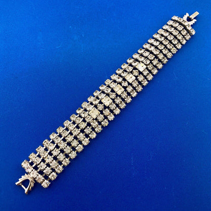 Vintage Haute Couture Silver Tone Rhinestone Five Row Statement Tennis Bracelet