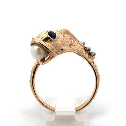 Vintage 14K Yellow Gold Diamond Pearl Blue Sapphire Fish Bypass Ring