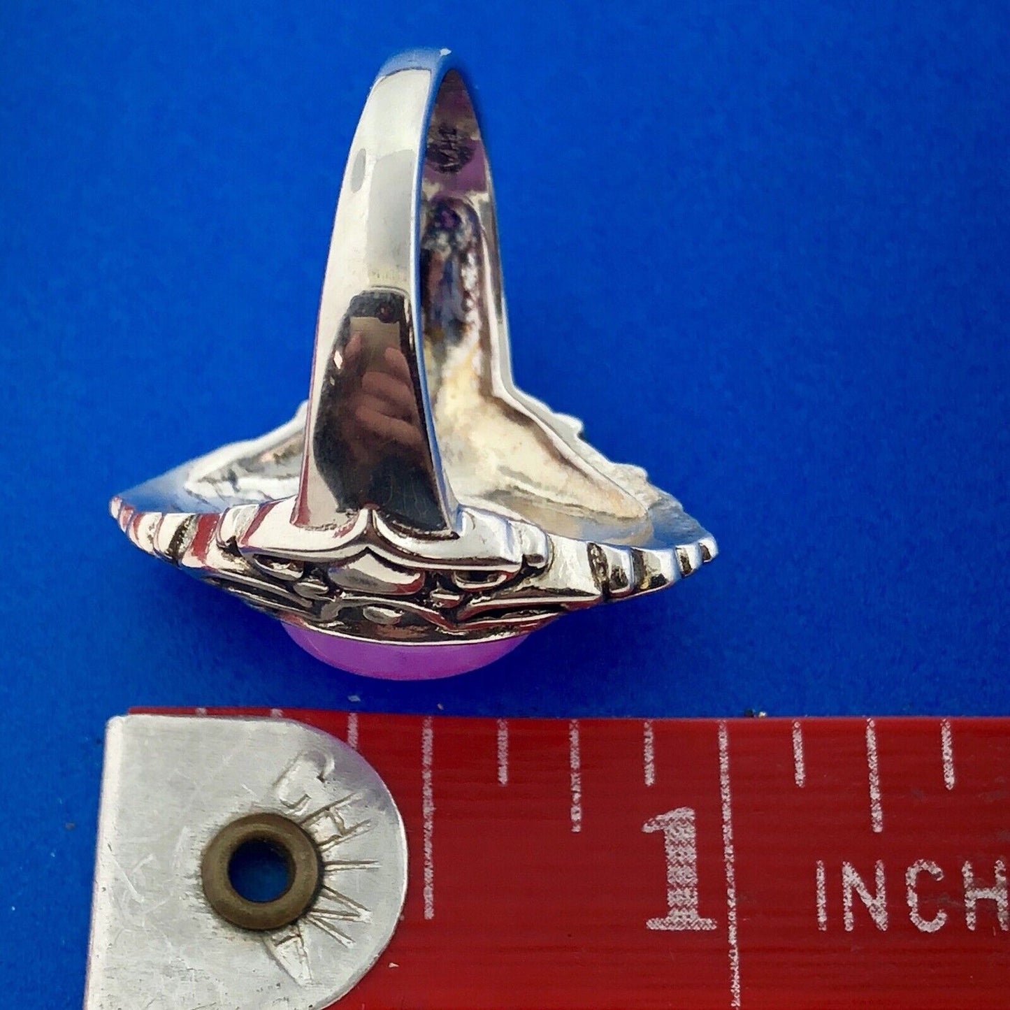 Vintage FAS Sterling Silver 925 Pink Tourmaline Cabochon Scroll Fashion Ring