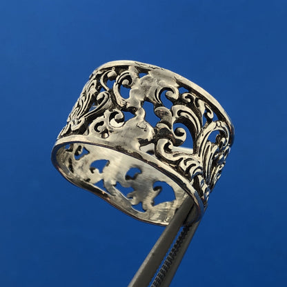 Sterling Silver 925 Abstract Floral Filigree Openwork Cigar Band Ring Size 8.25