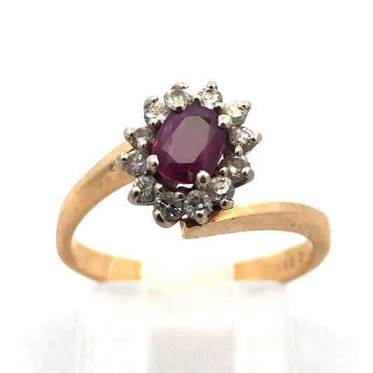 Gorgeous 14k Yellow Gold Oval Cut Ruby Diamond Halo Twisted Band Ring Size 6.25