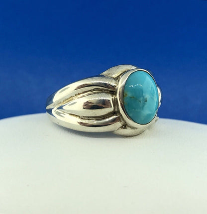 Designer OIM Sterling Silver 925 Oval Turquoise Modernist Ribbed Design Ring