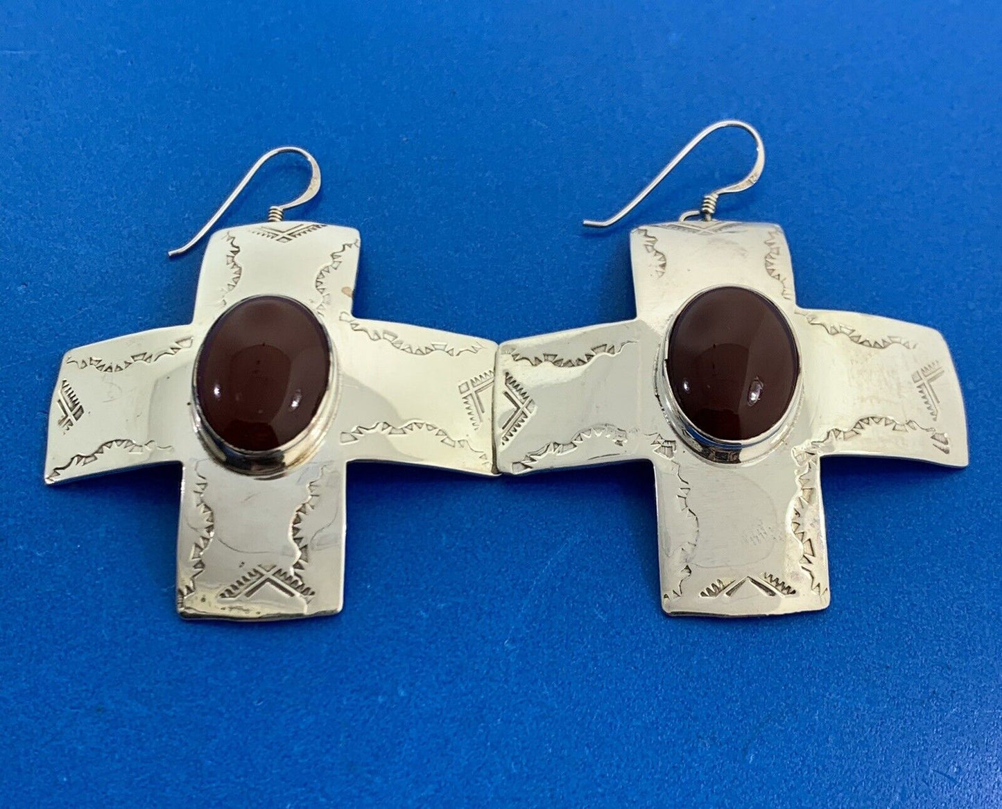 Navajo Ben J Chavez Sterling Silver Oval Carnelian Concho Cross Dangle Earrings