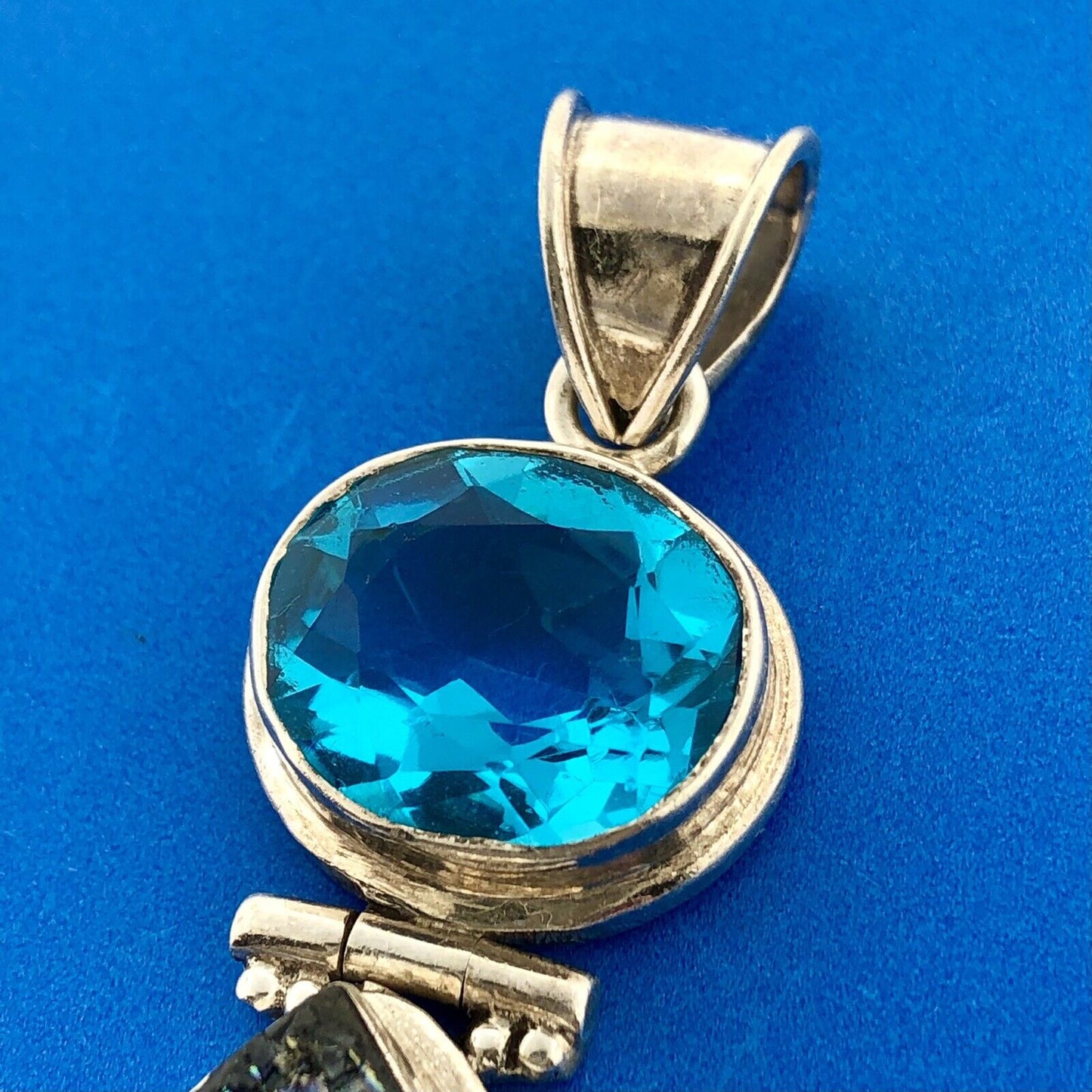 Estate Sterling Silver 925 Ocean Blue CZ Rainbow Druzy Geode Statement Pendant