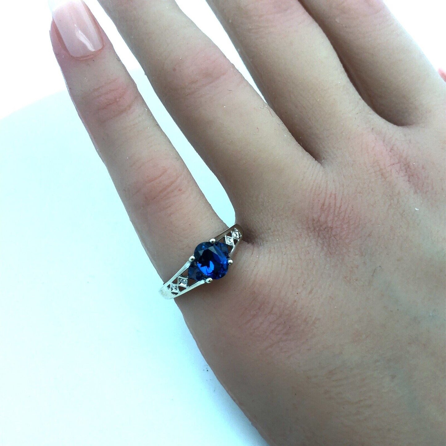 Designer 10K White Gold Oval Blue Sapphire Round Diamond Accented Ring