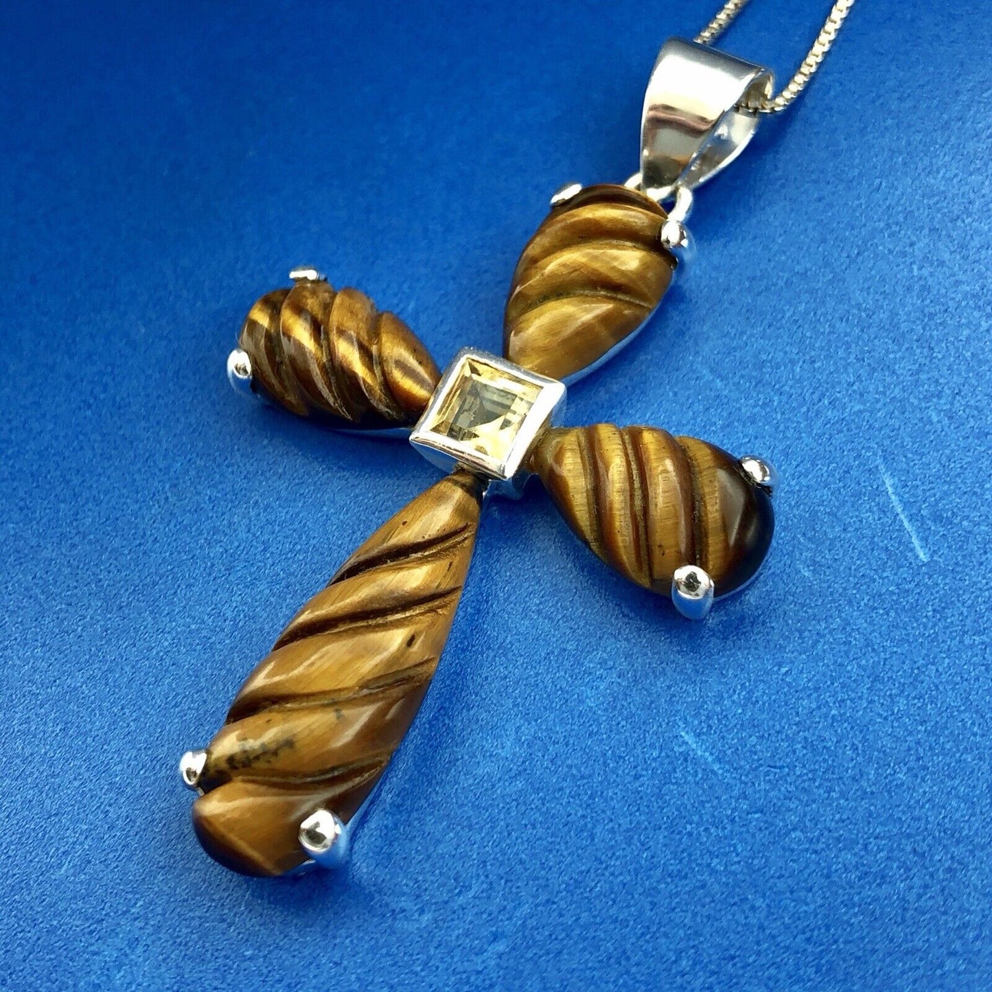 Designer GSJ Sterling Silver 925 Citrine Tigers Eye Cross Statement Necklace
