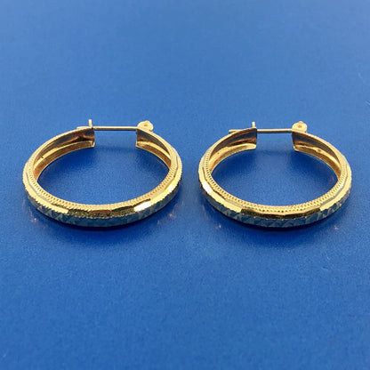 Elegant Designer 14K Yellow Gold Diamond Cut Textured Hoop Earrings