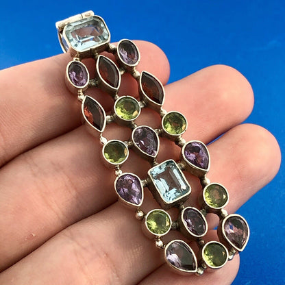 Sterling Silver 925 Multi Colored Shaped Gemstone Rectangular Statement Pendant