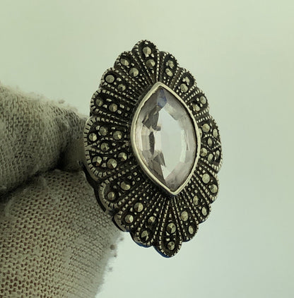Art Deco Nouveau Sterling Silver 925 Amethyst Marcasite Statement Cocktail Ring