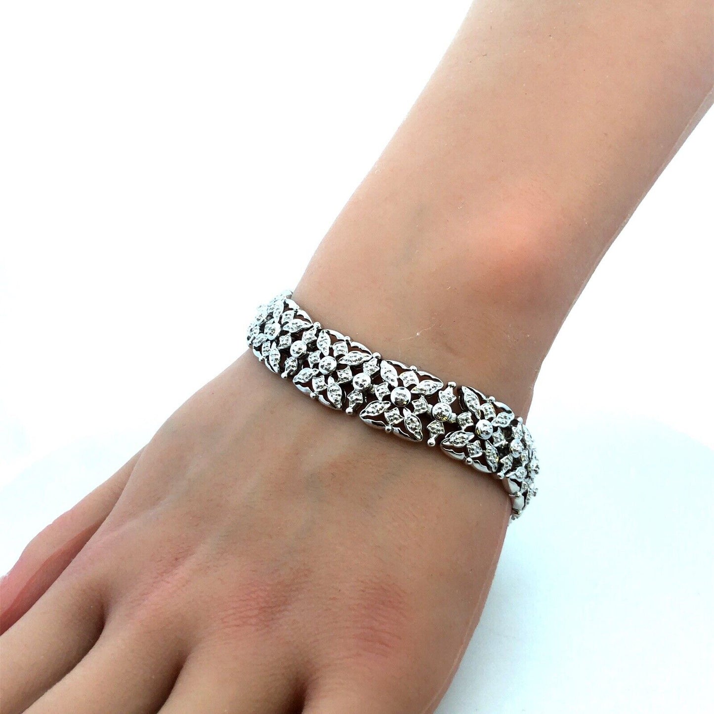 Designer R 925 Sterling Silver Diamond Open Work Textured Statement Bracelet