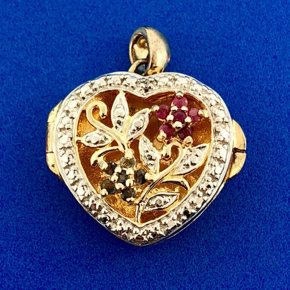 Vintage 925 Sterling Silver Vermeil Two Tone Sapphire Ruby Heart Locket Pendant