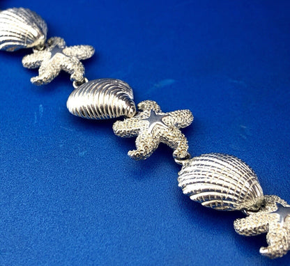 Designer Sterling Silver 925 Sea Shell Star Fish Ocean Panel Link Bracelet