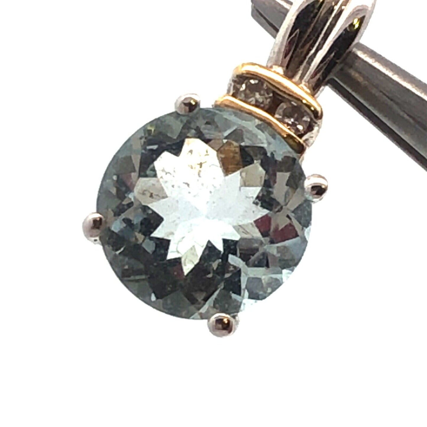 Designer 10k White Gold Aquamarine Solitaire Diamond March Anniversary Pendant