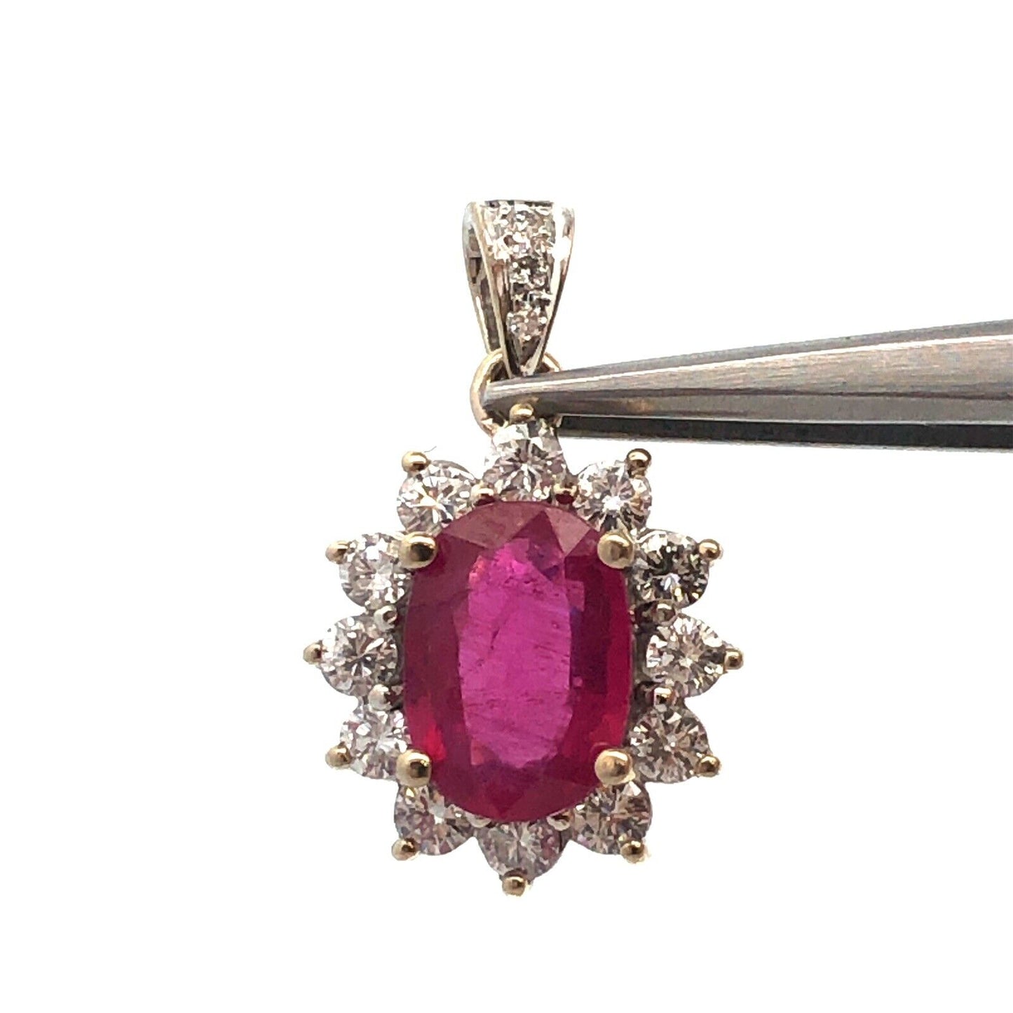 Estate 14K White Gold Oval Ruby Diamond Halo Pendant