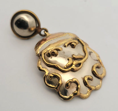 Vintage Mexico Silver Tone Copper Brass Santa Brooch/Pendant Earrings 3 Pc Set