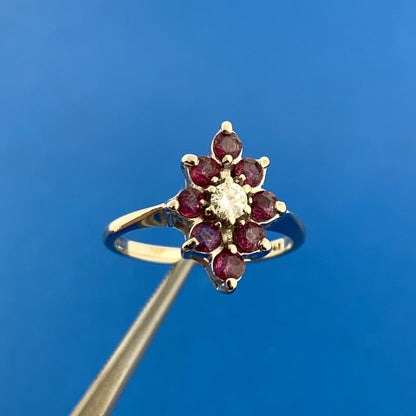 Vintage 14K White Gold Ruby Diamond Round Floral Cluster July Anniversary Ring