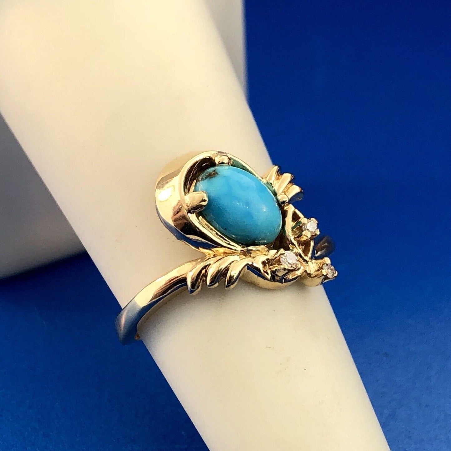 Vintage 14K Yellow Gold Diamond Turquoise Free Form Cocktail Ring