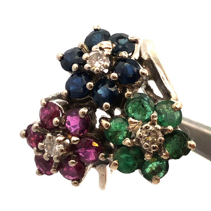KOL 14K White Gold Round Ruby Sapphire Emerald Topaz Floral Cluster Pinky Ring