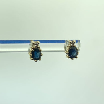 14K Yellow Gold Oval Blue Sapphire Diamond Accent Stud Earrings