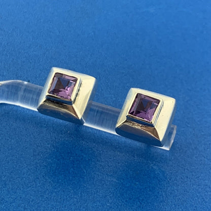 Designer 925 Sterling Silver Amethyst Square Cube Modernist Stud Earrings