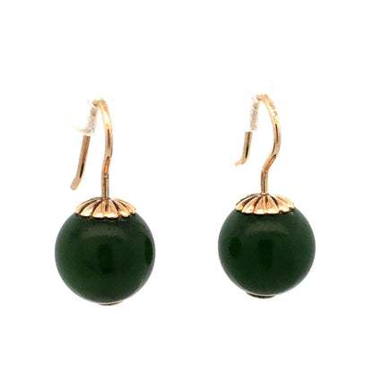Estate 14K Yellow Gold Round Jade Ball Hook Dangle Earrings