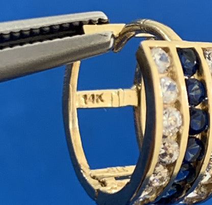 Designer JTS 14K Yellow Gold White Topaz Blue Sapphire Huggie Hoop Earrings