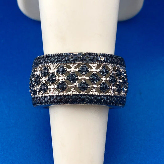 Designer 925 Sterling Silver Black Diamond Illusion Cutout Cigar Band Ring