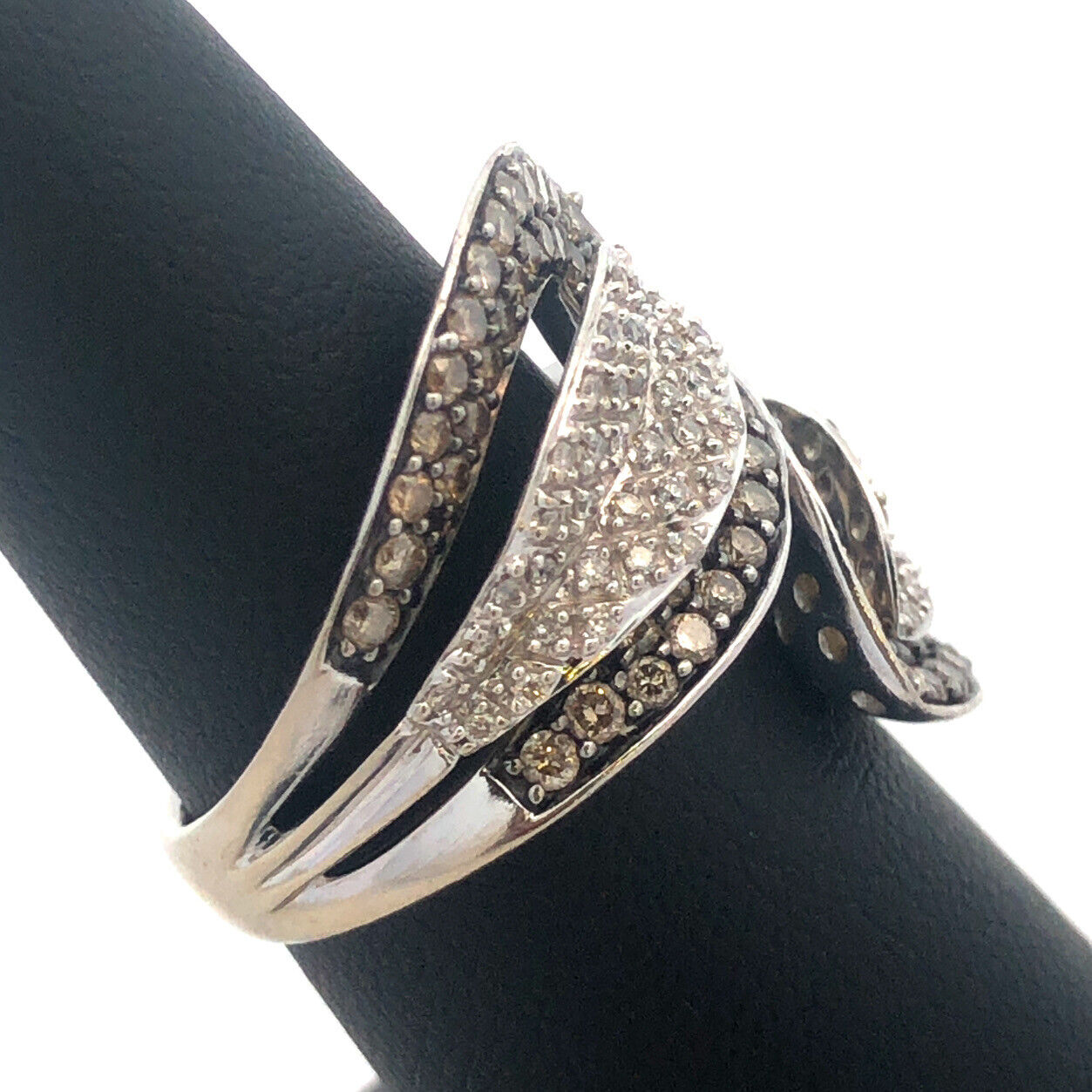 14K White Gold Chocolate Vanilla Diamond Bypass Anniversary Cocktail Ring