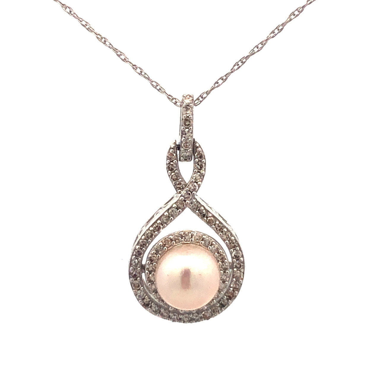 Designer 14K White Gold Pearl Diamond Bridal June Infinity Anniversary Necklace