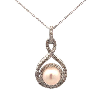 Designer 14K White Gold Pearl Diamond Bridal June Infinity Anniversary Necklace