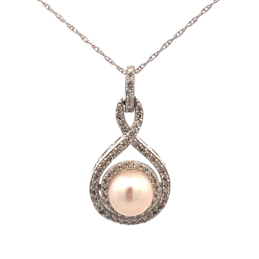 Designer 14K White Gold Pearl Diamond Bridal June Infinity Anniversary Necklace
