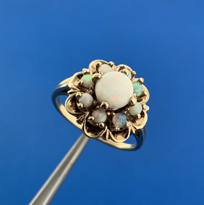 Vintage 10K Yellow Gold Opal Floral Cluster October Anniversary Cocktail Ring