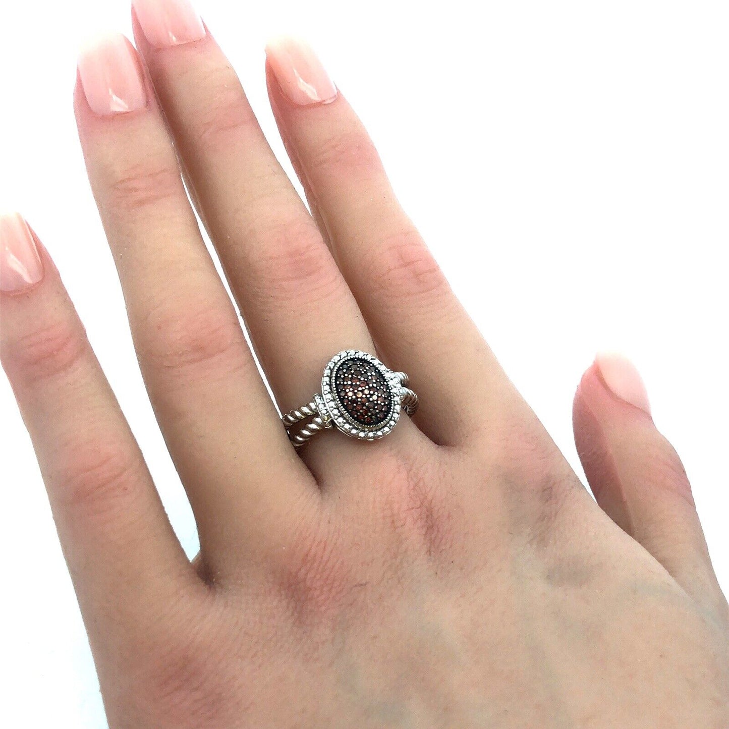 Designer JS 925 Sterling Silver Chocolate Diamond Oval Twist Detail Ring