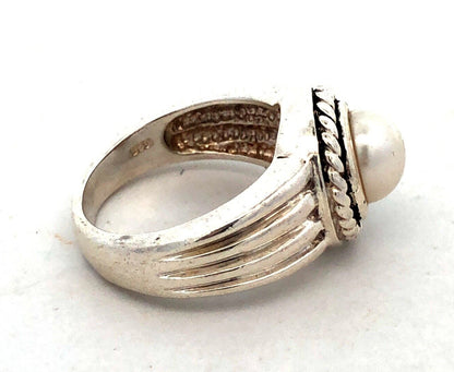 Designer AN 925 Sterling Silver Round White Pearl Solitaire Ring