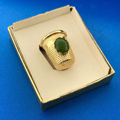 Vintage Gold Tone Jeweled Sewing Thimble Jade Cabochon With Original Box