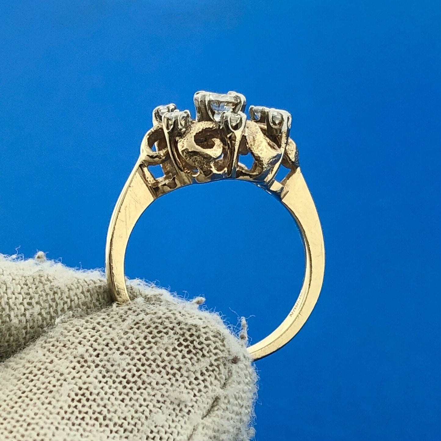 Vintage 14K Yellow Gold Diamond Flower Cluster Ribbon Style Cocktail Ring