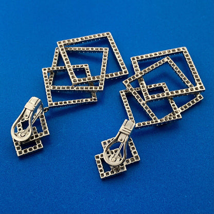 Statement Modernist 18k White Gold Geometric Diamond Linked Square Drop Earrings