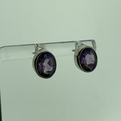 Designer SJ 925 Sterling Silver Oval Amethyst February Anniversary Stud Earrings