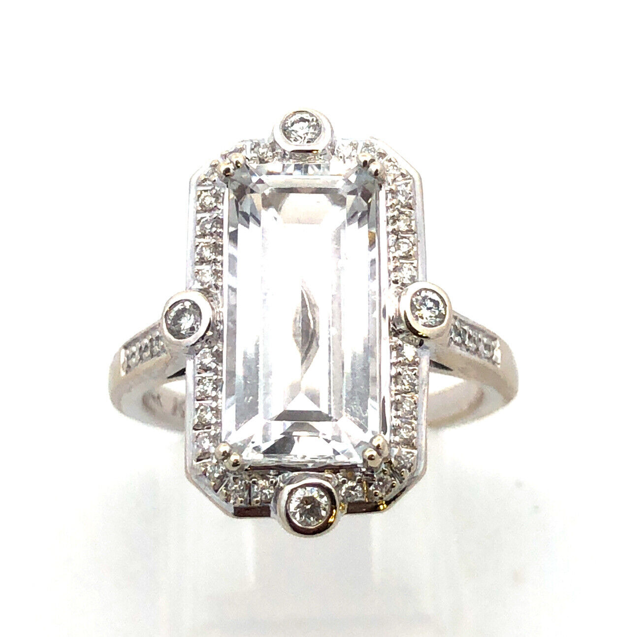 14K White Gold Designer White Topaz Diamond Accent Art Deco Style Statement Ring