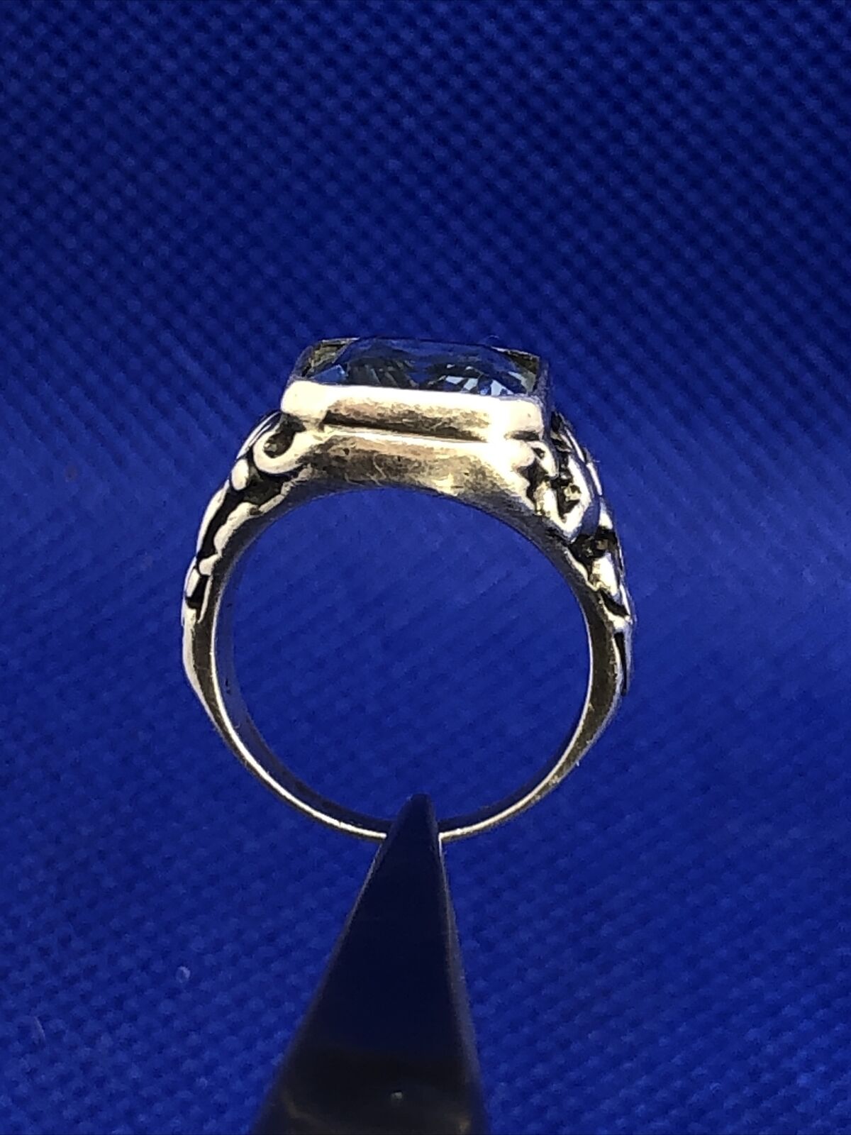 Estate Sterling Silver Emerald Cut Blue Topaz Scroll Floral Vine Cocktail Ring